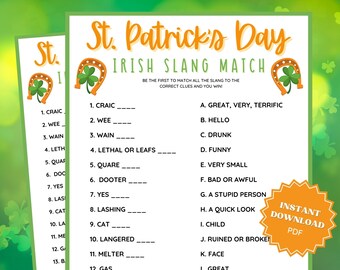 St Patricks Day Irish Slang Match Trivia Game, St Patricks Games, St Patricks Game, Family Party Game, Trivia Games, Trivia Printable