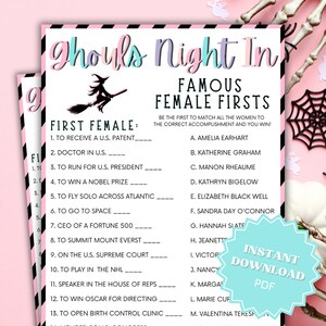 Ghouls Night In Famous Female Firsts Trivia Printable Game, Ghouls Night Out, Moms Night Games, Ladies Night Games, Girls Night Games