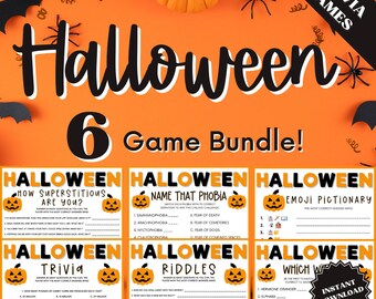 6 Halloween Trivia Games Bundle, Emoji Game, Trivia Printable, Emoji Pictionary, Halloween Game Bundle, Kids Party Games, Adult Party Games