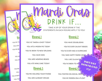 Mardi Gras Drink If Game, Mardi Gras Party, Mardi Gras Printable, Adult Drinking Games, Bar Games, Drinking Game, Adult Party Games