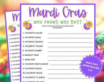 Mardi Gras Game Who Knows Who Best, Mardi Gras Party, Mardi Gras Printable, Adult Party Games, Adult Game Night, How Well Do You Know