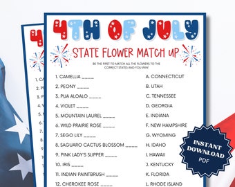 State Flower Match Up 4th of July Trivia Game, Group Game, Trivia Games, 4th of July Party, 4th of July Games, 4th of July Games Printable