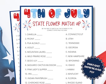 State Flower Match Up 4th of July Trivia Game, Group Game, Trivia Games, 4th of July Party, 4th of July Games, 4th of July Games Printable