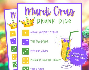 Mardi Gras Drunk Dice Game, Mardi Gras Party, Mardi Gras Printable, Adult Drinking Games, Beer Games, Drinking Game, Adult Party Games