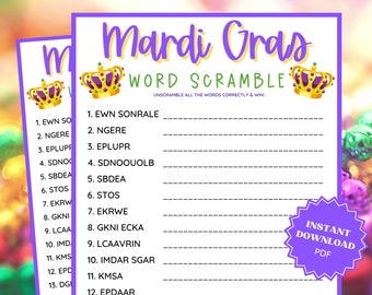 Mardi Gras Game Word Scramble, Mardi Gras Party, Mardi Gras Printable, Word Games, Trivia Games, Trivia Printable, Classroom Games