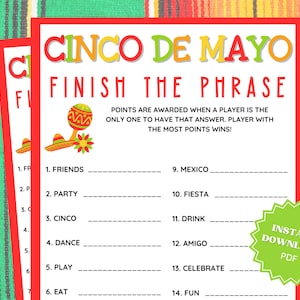 Finish The Phrase Printable Cinco De Mayo Game, Finish My Phrase, Cinco De Mayo Games, Group Games, Cinco De Mayo Party, Family Party Game