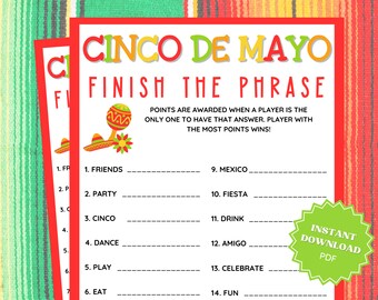 Finish The Phrase Printable Cinco De Mayo Game, Finish My Phrase, Cinco De Mayo Games, Group Games, Cinco De Mayo Party, Family Party Game