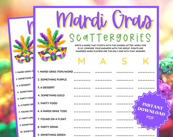 Mardi Gras Scattergories Game, Mardi Gras Party, Mardi Gras Printable, Scattergories, Word Games, Family Party Game, Classroom Games