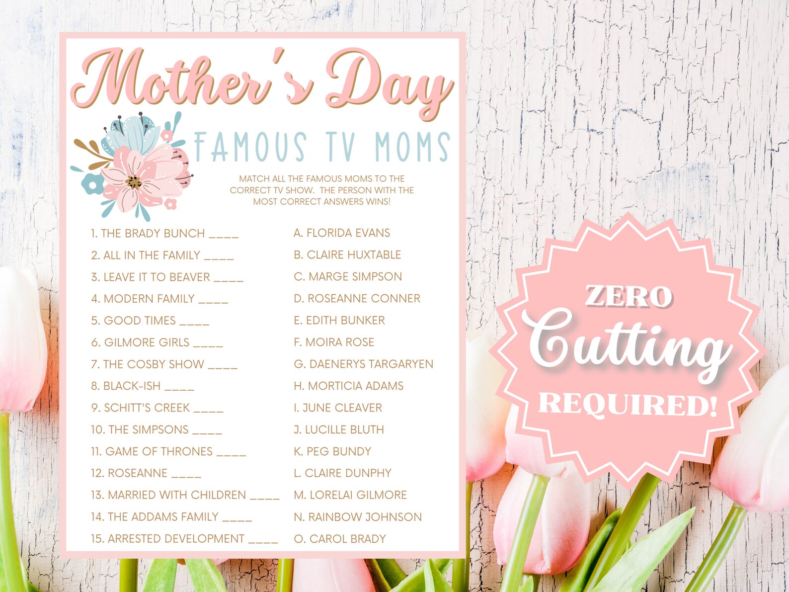 Famous T.V. Moms Trivia Printable Mothers Day Game Group - Etsy