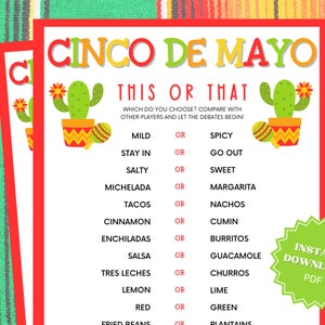 This Or That Printable Cinco De Mayo Game, Cinco De Mayo Games, Cinco De Mayo Party, Cinco De Mayo Activity, Cinco De Mayo, Would You Rather