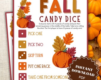 Fall Candy Dice Game Printable, Fall Games Printable, Fall Games For Kids, Fall Game Printables, Printable Fall Games, Kids Party Games