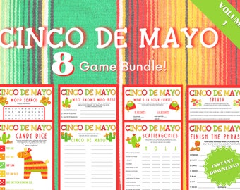 Printable Cinco De Mayo Games 8 Game Bundle Vol. 1, Trivia Games, Candy Dice Game, Finish The Phrase, Kids Word Search, Purse Game