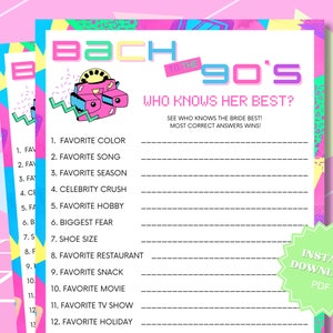 Who Knows The Bride Best 90s Theme Bachelorette Party Game Printable, Bach to the 90s, 90s Bachelorette, 90s Nostalgia, Who Knows Her Best