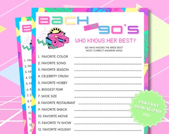 Who Knows The Bride Best 90s Theme Bachelorette Party Game Printable, Bach to the 90s, 90s Bachelorette, 90s Nostalgia, Who Knows Her Best