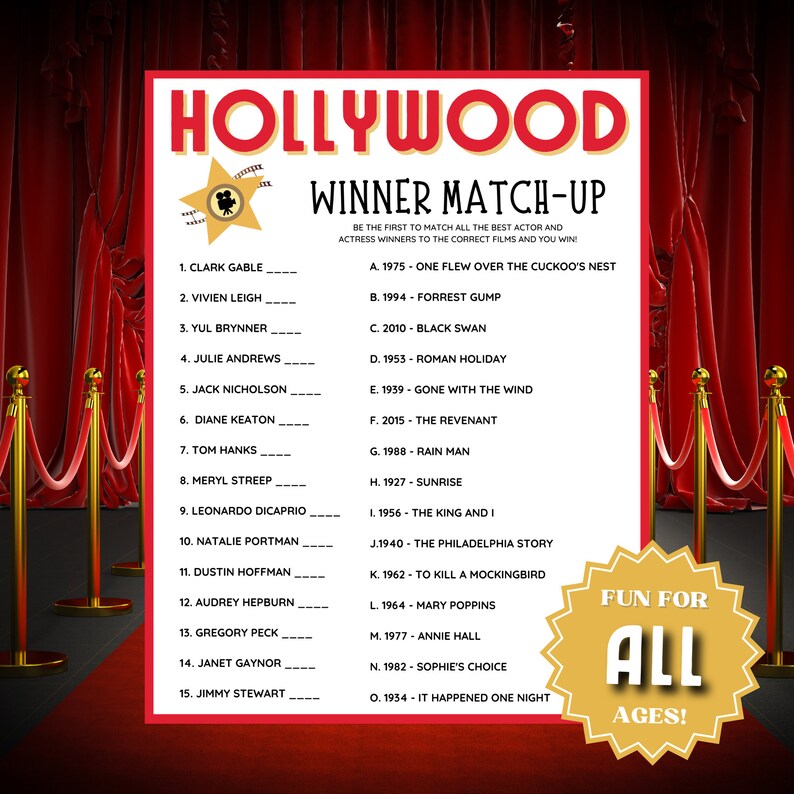 Oscars Party Trivia Game: Winner Match-up (digital Download) - Etsy