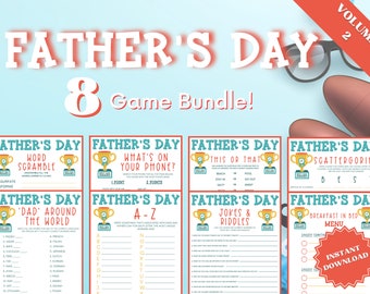Printable Father's Day 8 Game Bundle Vol. 2, Word Scramble, Scattergories, Trivia Games, Whats On Your Phone, This or That, Would You Rather