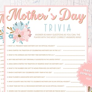 Mother&#39;s Day Trivia Printable Mother&#39;s Day Game, Group Games, Trivia Games, Mothers Day Activity, Mothers Day Party, Mothers Day Games