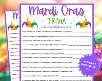 Mardi Gras Trivia Game, Mardi Gras Party, Mardi Gras Printable, Fat Tuesday, Trivia Games, Trivia Game, Trivia Printable, Virtual Games