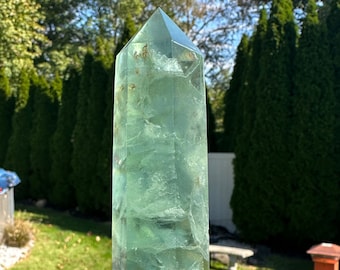 Green Fluorite Beautiful Crystal Tower with Rainbow Flash, Natural Fluorite, Crystal Decor