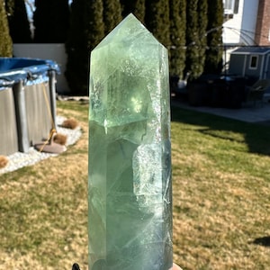Green Blue Fluorite Crystal Tower with rainbow flash