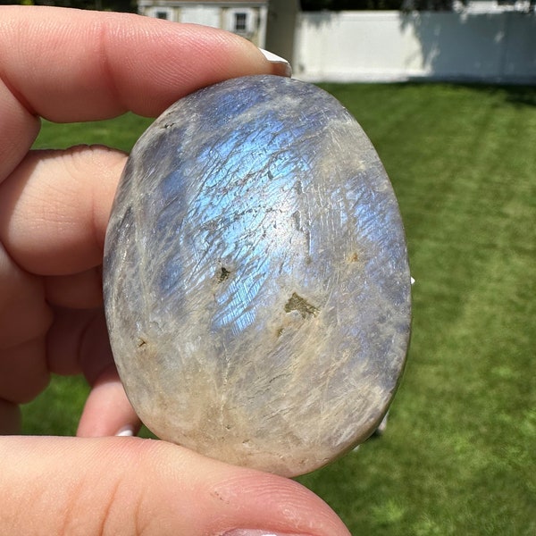 Moonstone  Sunstone Polished Palm Stone with Stunning Blue Flash, flashy moonstone, crystals