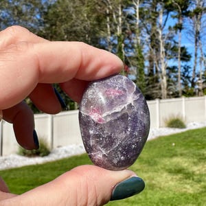 May include: A polished, oval-shaped gemstone with a mix of purple and pink hues. The stone has a smooth surface with visible natural patterns and inclusions. The gemstone is held up against a backdrop of green grass and trees.