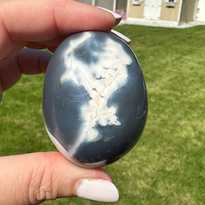 Orca Agate Polished Palm Stone, blue agate, crystals