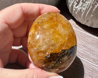 Beautiful Golden Healer Crystal Palm Stone from Madagascar, Natural Golden Healer, Crystal Decor, Hematoid Quartz