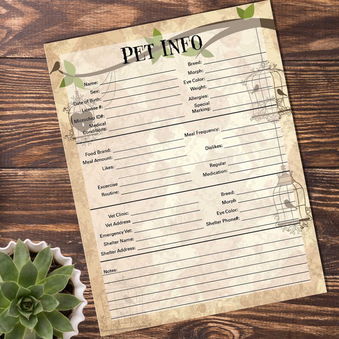 Pet Information Sheet Birds - Etsy