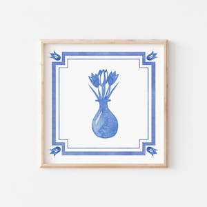Cartel de jarrón de tulipán IMPRESO de 10x10", decoración de flores holandesas, impresión de acuarela azul, impresión de tulipán, flor de acuarela, regalo holandés, decoración holandesa