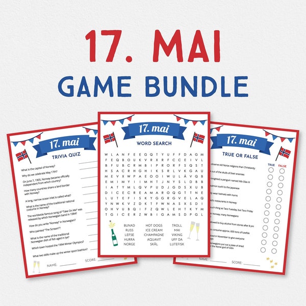 DIGITAL DOWNLOAD - 17. mai Game Bundle, Norway Quiz, Syttende Mai, 17th of May, Norwegian, Norway National Day, Norwegian Quiz, Norway Decor