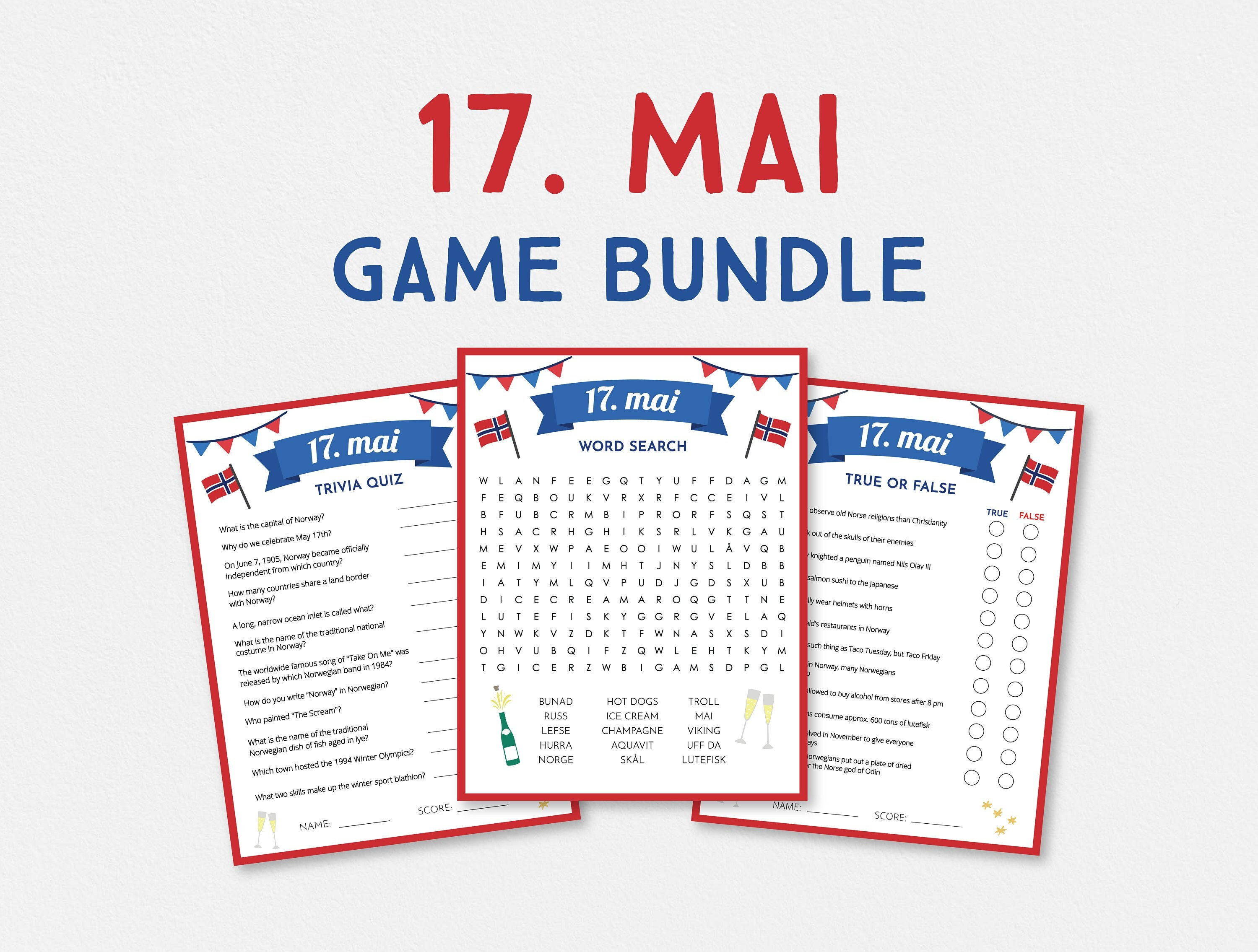 DIGITAL DOWNLOAD - 17. mai Game Bundle, Norway Quiz, Syttende Mai, 17th of May, Norwegian, Norway National Day, Norwegian Quiz, Norway Decor