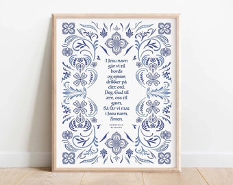 Norwegian Table Prayer Print, Scandinavian Rosemaling Art