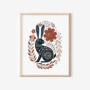 PRINTED Folk Art Rabbit Poster, Norwegian Folk Art, Scandinavian Folk Art, Norwegian Gift, Norwegian Decor, Scandinavian Decor