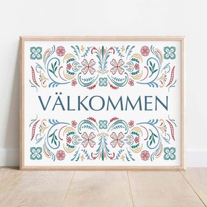 PRINTED Swedish Välkommen Sign, Swedish Gift, Swedish Folk Art, Swedish Print, Welcome Sign, Rosemaling, Scandinavian Decor