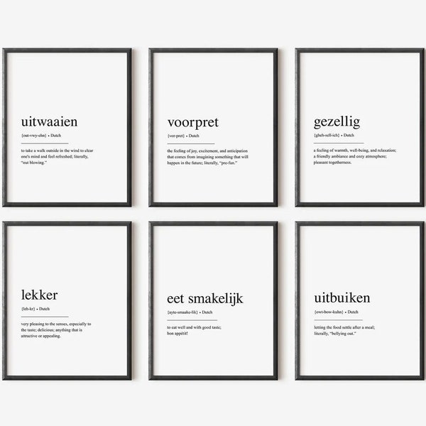 DIGITAL DOWNLOAD - Set of 6 Dutch Definition Printables Bundle, including Gezellig, Eet Smakelijk, Uitwaaien, Voorpret, Lekker and Uitbuiken