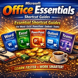 Op de afbeelding: Een afbeelding die Microsoft Office Essentials sneltoetsgidsen voor Word, Excel, PowerPoint, Outlook en Teams promoot. De afbeelding toont de boekomslagen, geld, een kopje koffie en de tekst "Leer sneller & werk slimmer!"
