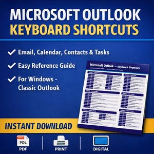 Op de afbeelding: Een blauwe afbeelding met de tekst "MICROSOFT OUTLOOK KEYBOARD SHORTCUTS" in wit en geel. De afbeelding bevat een referentiegids voor e-mail, agenda, contacten en taken en is direct te downloaden.