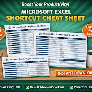 May include: An image promoting a Microsoft Excel Shortcut Cheat Sheet. The image features several printed sheets with keyboard shortcuts, a pen, and a coffee mug. Text includes "Boost Your Productivity!" and "Instant Download."