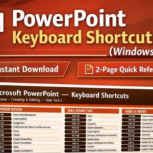 Op de afbeelding: Een PowerPoint-sneltoetsreferentie voor Windows, met een rood en bruin kleurenschema. De gids bevat de tekst "PowerPoint Keyboard Shortcuts" en "Instant Download".