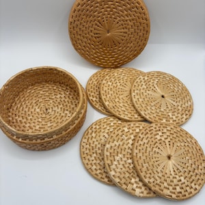 Vintage Wicker Rattan Trivet Coasters in Holder Basket Woven Straw 5.75&quot;