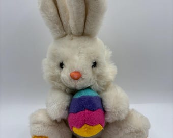 Vintage Bunny Plush White Rabbit Ribbon Pink Flocked Nose Easter