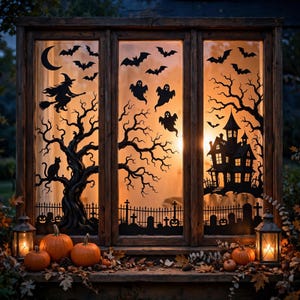 May include: A wooden window frame decorated with black Halloween decals featuring a witch on a broom, bats, ghosts, a haunted house, bare trees, and a graveyard. Two lit lanterns and several orange pumpkins sit on the ledge below the glass.