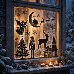 May include: A window display featuring black silhouette decals of a Christmas tree, a nutcracker, a deer, a church, snowflakes, and Santa Claus in a sleigh pulled by reindeer, with an angel figure holding a string connected to the crescent moon.