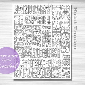 Habit Tracker Coloring Sheet Printable, Month Habit Tracker Coloring Sheet, Yearly Habit Tracker Coloring Sheet, Color In Calendar