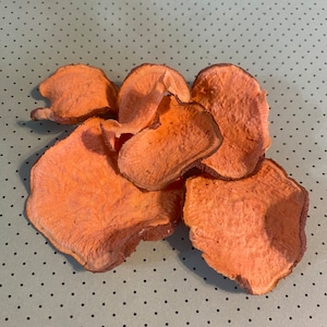 May include: A pile of orange sweet potato chips on a grey background with a polka dot pattern.