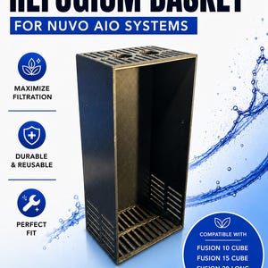 May include: A black rectangular aquarium filter refugium basket for Nuvo AIO systems. The basket features a grid-patterned base and side vents, with two circular openings on the top rim. Text includes Aquarium Filter Refugium Basket for Nuvo AIO Systems.