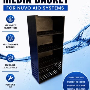 May include: A black aquarium filter media basket for Nuvo AIO systems with four internal shelves and side vents. Text includes AQUARIUM FILTER MEDIA BASKET FOR NUVO AIO SYSTEMS, MAXIMIZE FILTRATION, MULTI-LAYER DESIGN, DURABLE & REUSABLE, PERFECT FIT, and COMPATIBLE WITH FUSION 10 CUBE, FUSION 15 CUBE, FUSION 20 LONG, FUSION 25 LAGOON.