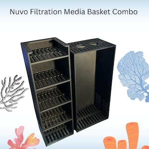 May include: Black Nuvo Filtration Media Basket Combo with the text "Nuvo Filtration Media Basket Combo". The combo features a multi-tiered design with slotted shelves. The background includes coral illustrations in orange, blue, and white.