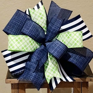 Wreath Bow Lantern Bow Farmhouse Bow Handmade Bow Navy Blue, White and Lime Green Bow Striped Bow Everyday Bow